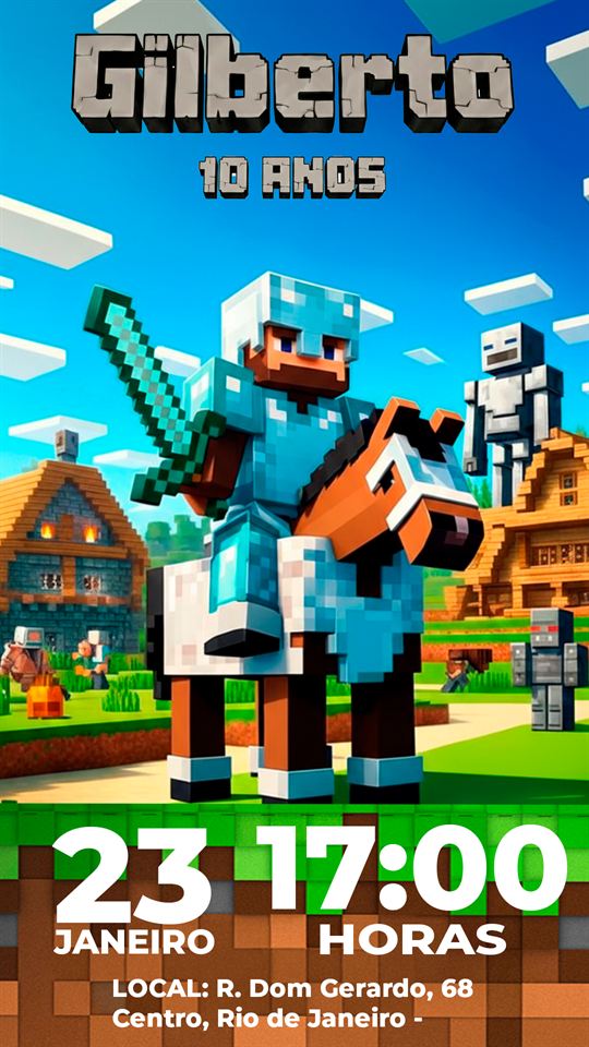 Convite Minecraft completo; abrir galeria Minecraft